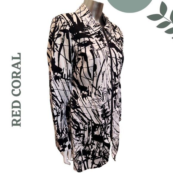 Red Coral Abstract Zip Front Jacket | Longline Lightweight Layer Size Medium - Picture 2 of 7